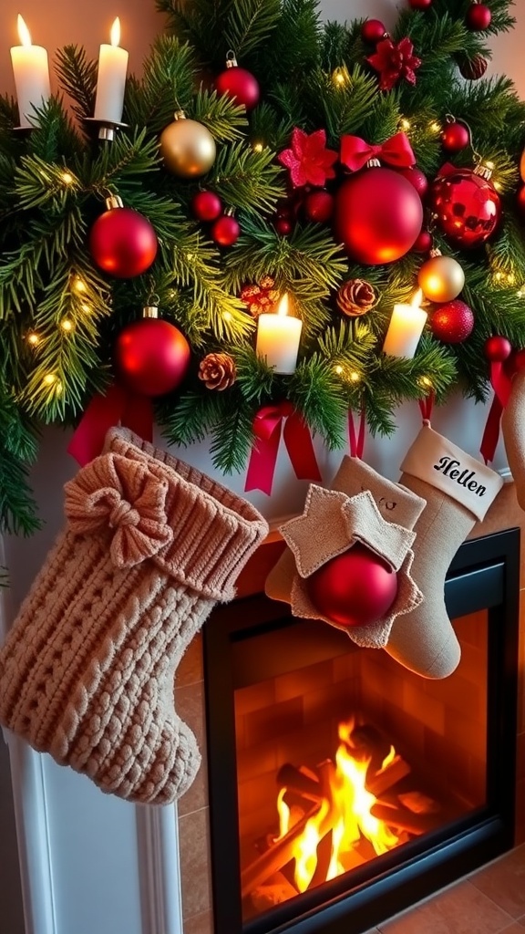 A festive Christmas mantel decorated with garland, stockings, candles, and ornaments, set in a cozy living room.